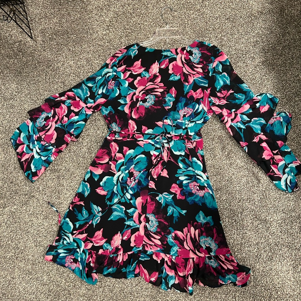 Floral Ruffle Sleeve Dress - Pink, Teal & Black - Picture 2 of 2